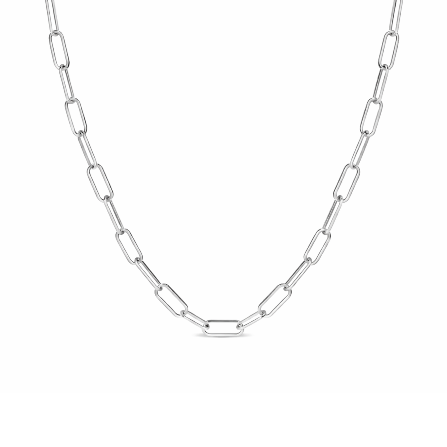 Silver paperclip necklace with polished, elongated rectangular links shown against a white background.