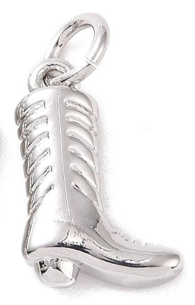 Silver cowgirl boot charm featuring textured ribbed detailing and a small heel, suspended from a metal jump ring.