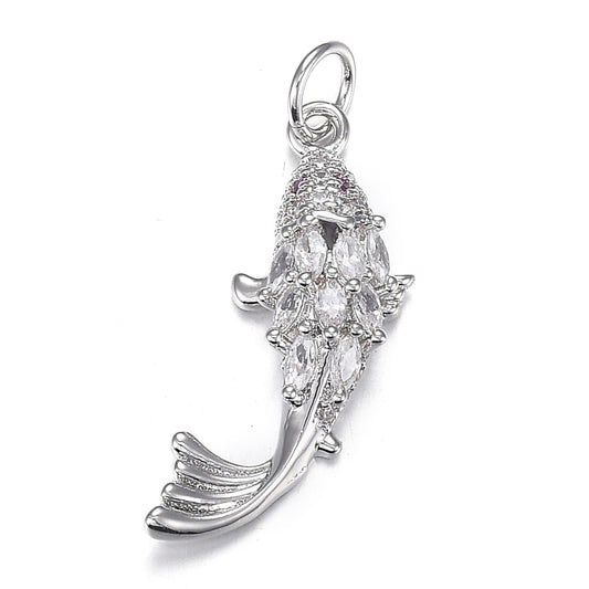 Silver coy fish charm featuring clear marquise-cut stone scales, a curved polished tail, and a top bail.