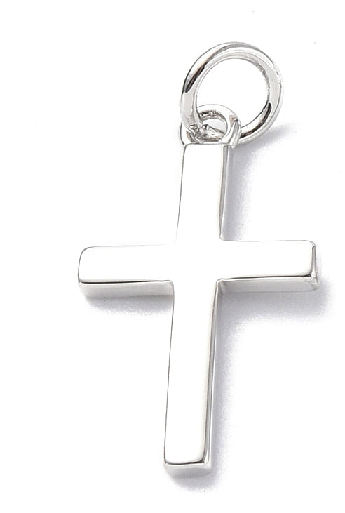 Polished silver cross charm with a smooth metallic finish and a top jump ring.