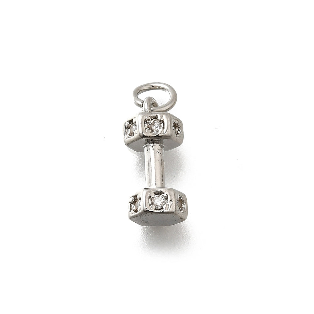 Silver dumbbell charm with small clear stones set into the hexagonal ends, featuring a top jump ring.