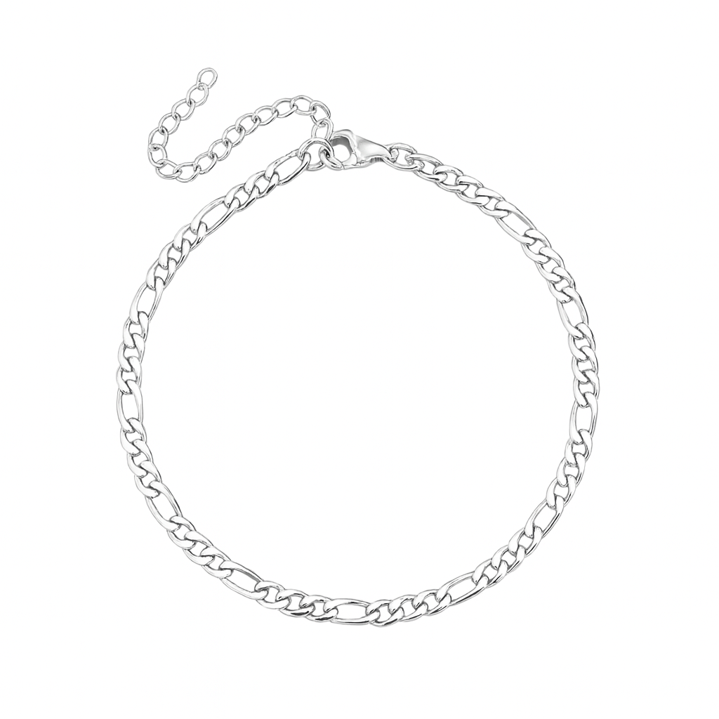 Silver figaro bracelet featuring a classic alternating link design with an adjustable extender chain and lobster clasp.