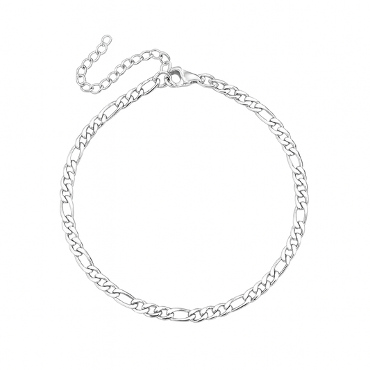 Silver figaro bracelet featuring a classic alternating link design with an adjustable extender chain and lobster clasp.