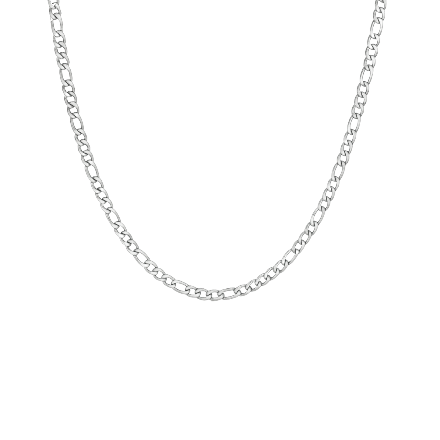 Silver figaro necklace featuring a classic patterned link chain with alternating short and long links.