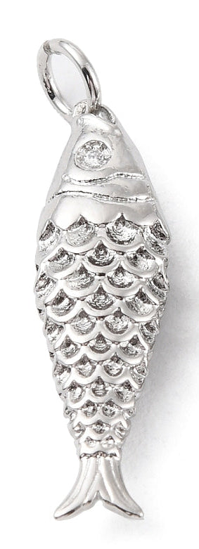Silver fish charm with detailed textured scales, a clear stone eye, and a jump ring at the top.