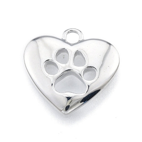 Silver heart paw print charm in a polished silver-tone metal with a cut-out design and top attachment loop.