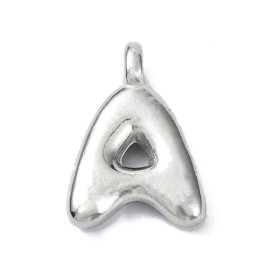 Silver bubble initial charm in the letter A with a puffy, rounded silhouette and a top hanging loop.