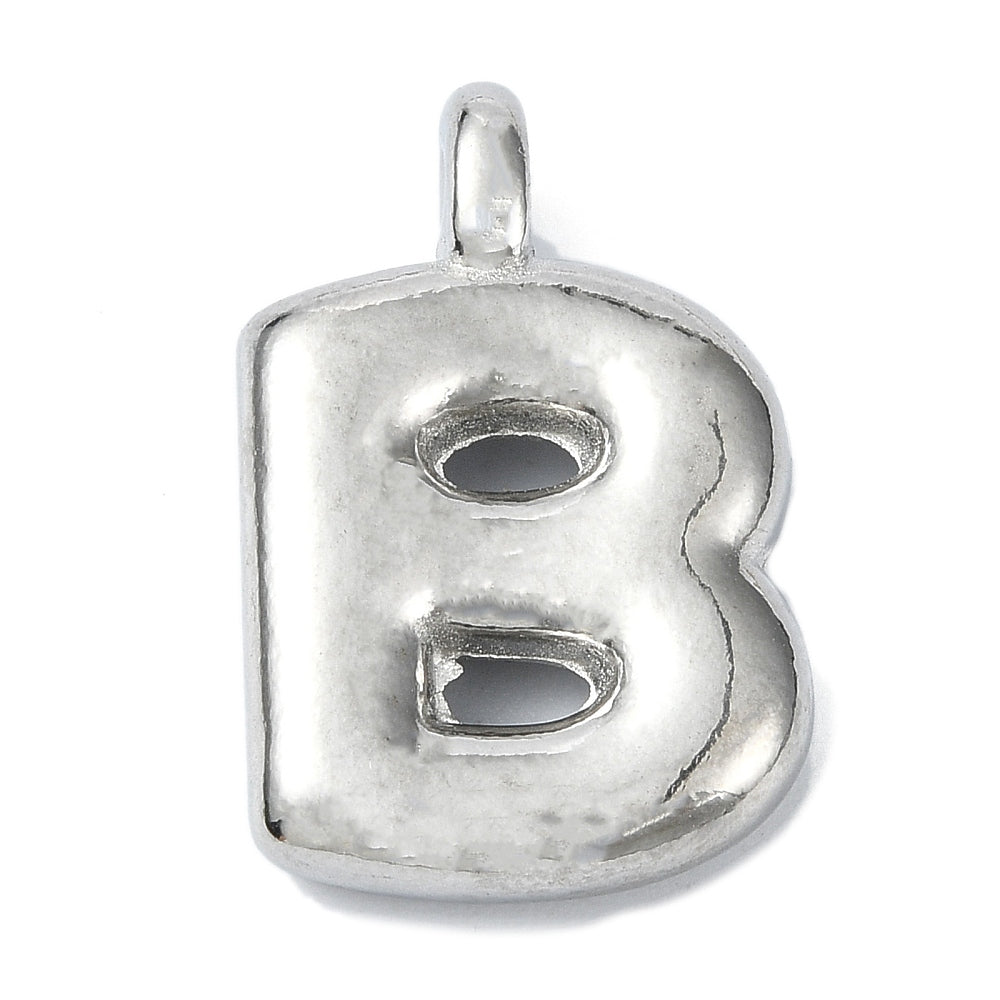 Silver-tone bubble B initial charm with a puffy, rounded design and a top hanging loop on a white background.