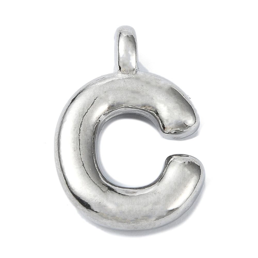 Silver bubble C initial charm featuring a puffy, rounded letter design with a top bail loop.