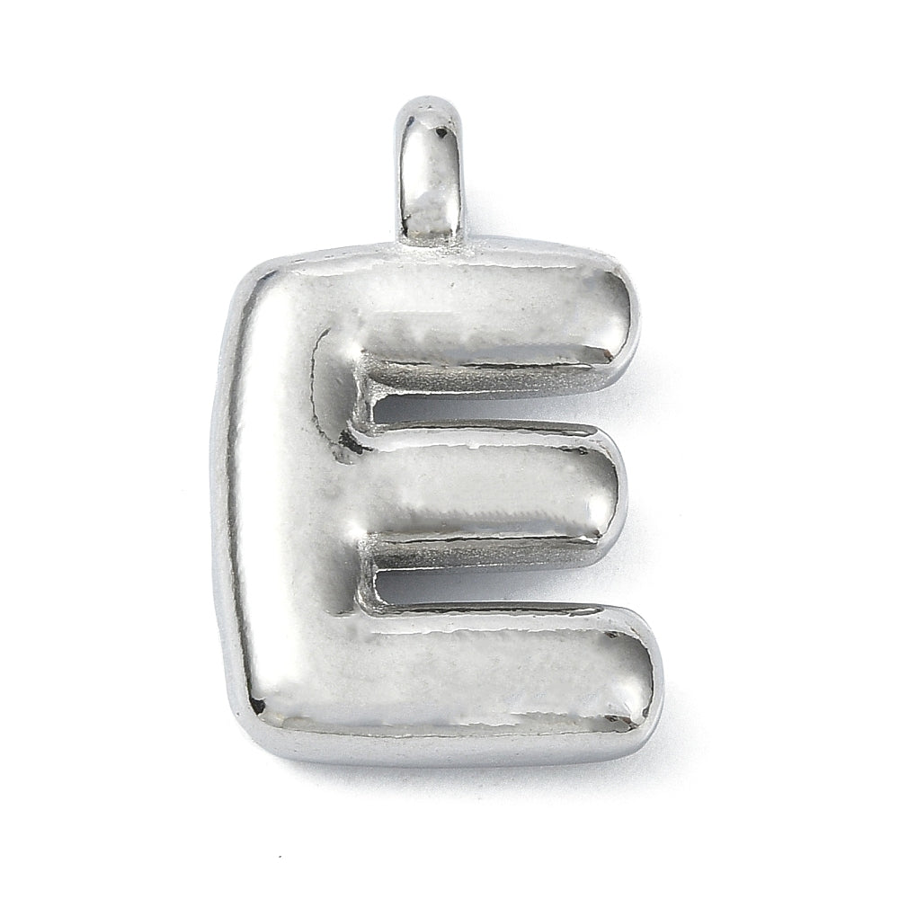 Silver bubble E initial charm with a shiny, puffy 3D design and a top hanging loop.
