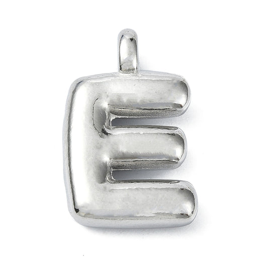 Silver bubble E initial charm with a shiny, puffy 3D design and a top hanging loop.