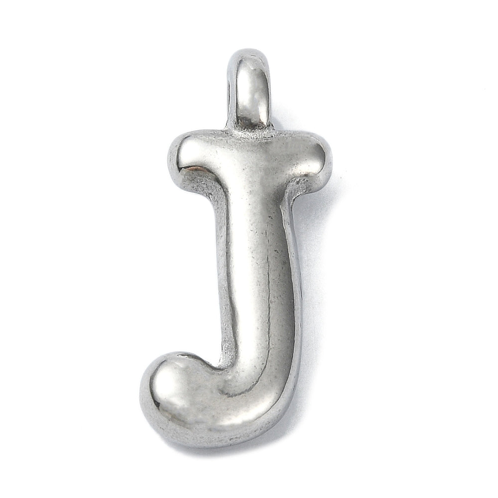 Silver-tone bubble letter J initial charm featuring a puffy, rounded design with a top loop for attachment.