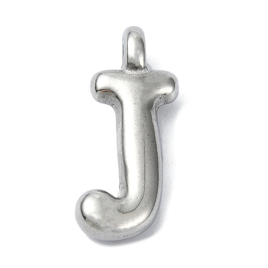 Silver-tone bubble letter J initial charm featuring a puffy, rounded design with a top loop for attachment.