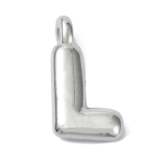 A puffy, silver-tone bubble L initial charm featuring a rounded 3D shape and a small top loop.