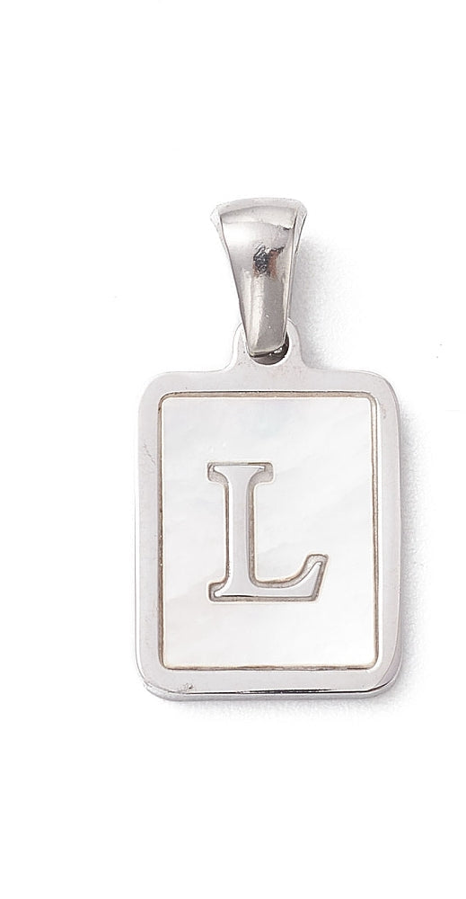 Rectangular silver-tone initial charm with a white pearlescent inlay featuring a serif letter L.