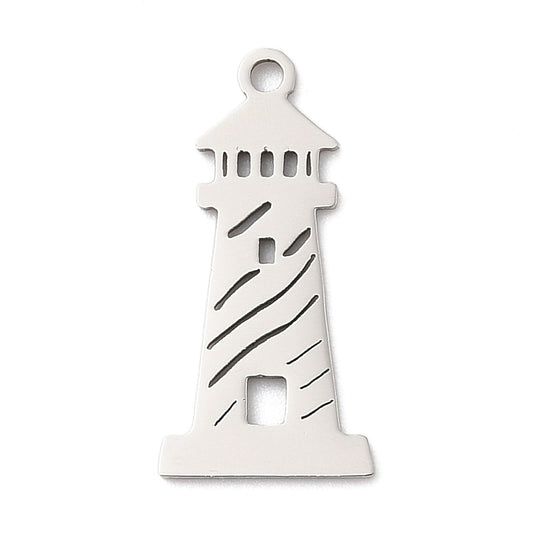 A silver lighthouse charm featuring cut-out windows, spiral stripes, and a top loop for a charm necklace.