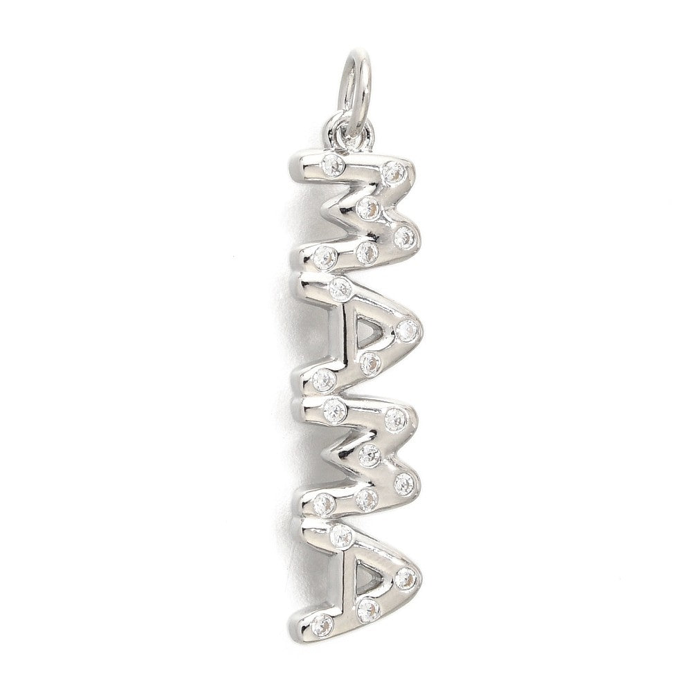 Silver Mama charm spelling out M-A-M-A vertically, crafted in silver-tone metal and studded with small clear stones.
