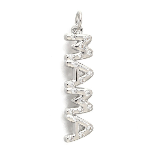 Silver Mama charm spelling out M-A-M-A vertically, crafted in silver-tone metal and studded with small clear stones.