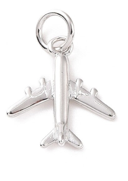 Shiny silver plane charm in a detailed airplane shape with a matching jump ring, shown against a white background.