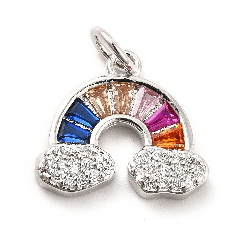 Silver rainbow charm featuring colorful baguette-cut stones in an arch with paved clear stone clouds at each end.