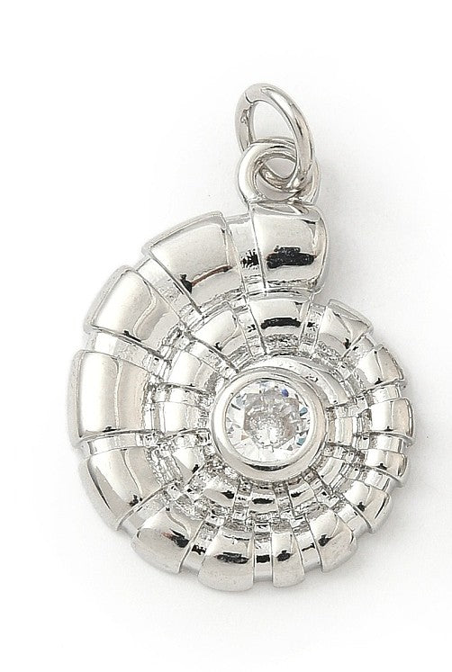 Silver spiral shell charm featuring a polished silver-tone nautilus design with a central round clear stone.