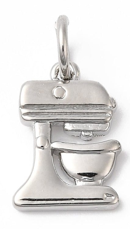 Silver stand mixer charm in polished silver-tone metal with an attached jump ring for a custom charm necklace.