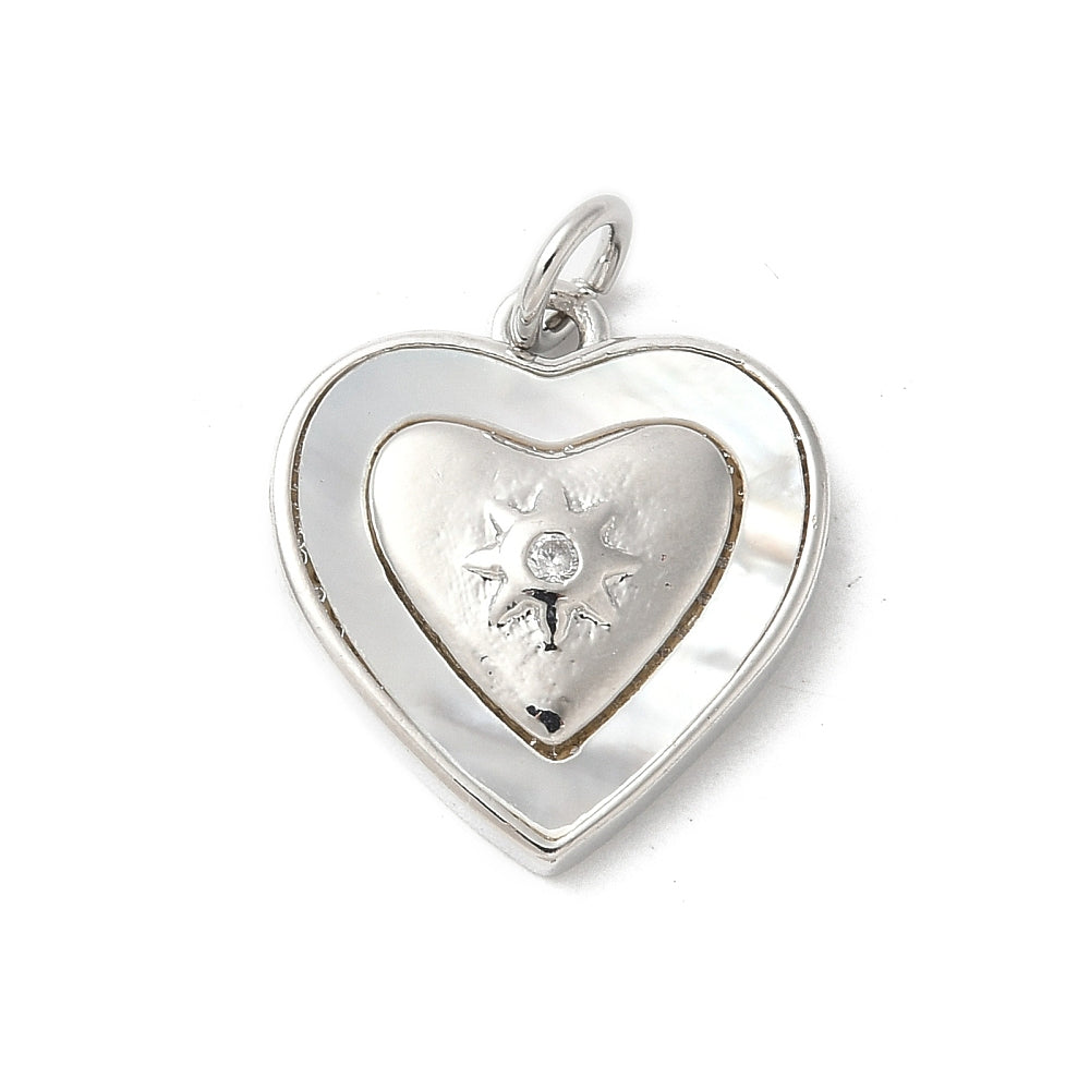 Silver Star Heart charm featuring a double heart design with a white inlay and an engraved starburst center.